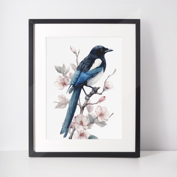Watercolor Magpie Bird Wall Art Print, Unframed - Elegant Nature-Inspired Decor - Picture 3 of 6
